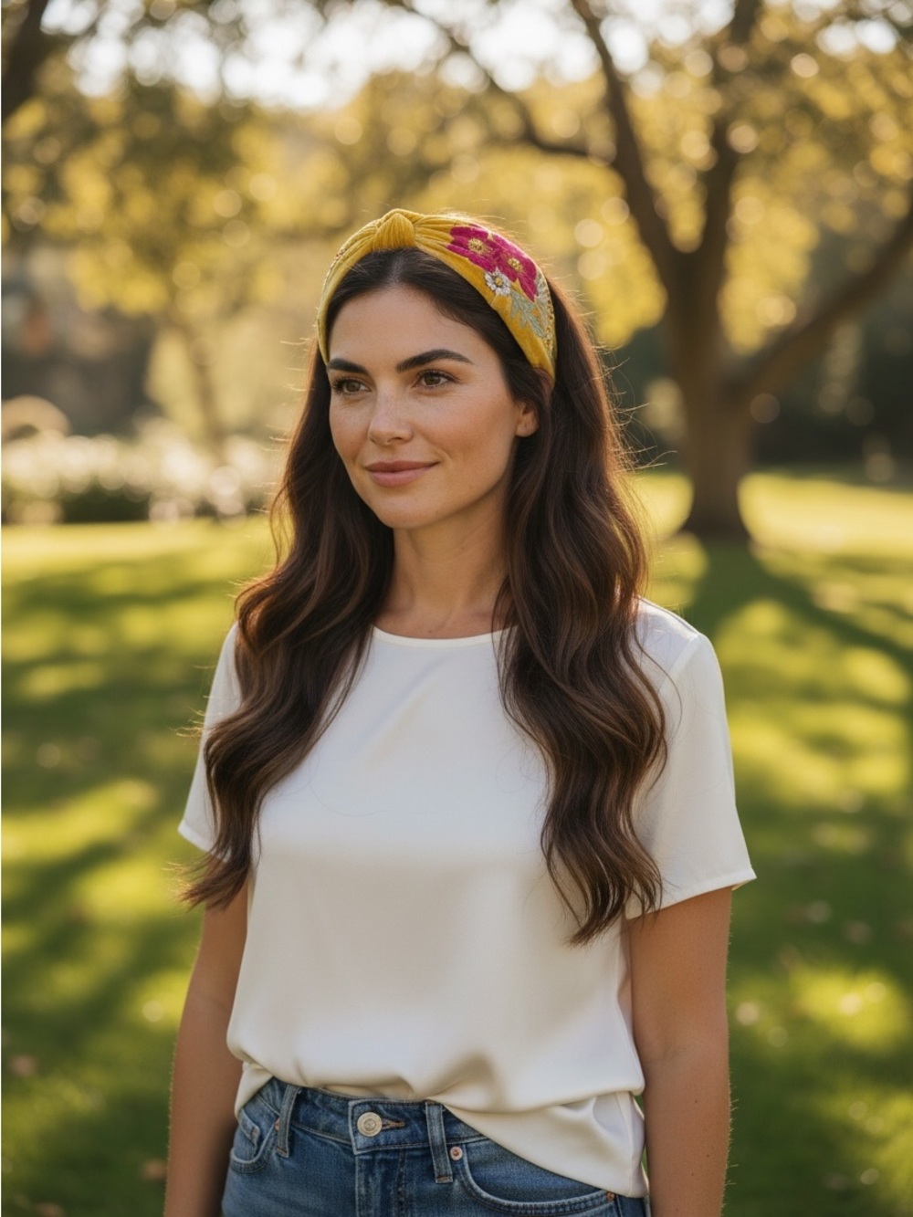 Powder Embroidered Wild Woodland Headband in Mustard